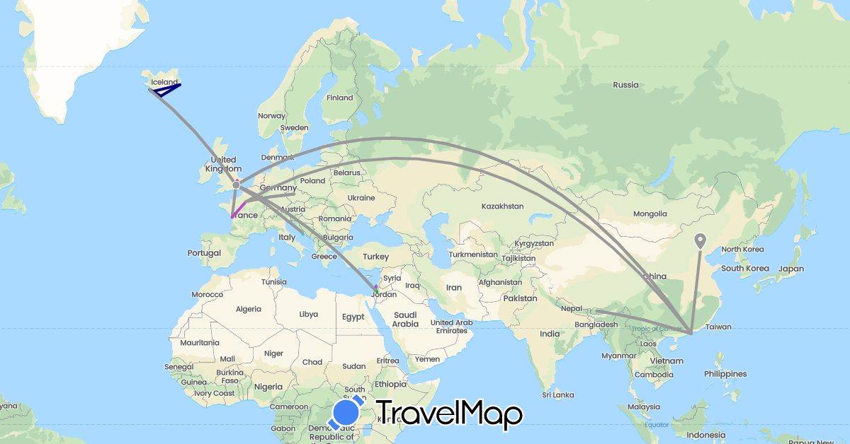 TravelMap itinerary: driving, bus, plane, train, boat in Bhutan, China, Czech Republic, France, United Kingdom, Hong Kong, Croatia, Israel, Iceland (Asia, Europe)